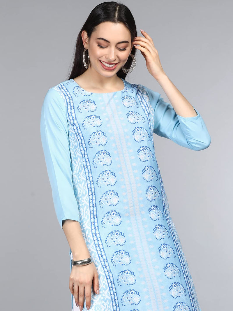 Vaamsi Women's Crepe Ethnic Motifs Printed Straight Kurta (VPK1704_Blue_L)