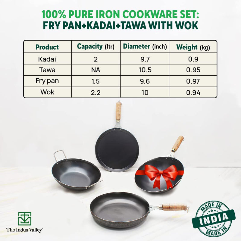 The Indus Valley Pre-Seasoned Iron Cookware Set + Free Wok (25 cm) | Kadai (24 cm) + Fry Pan (24 cm) + Tawa (26 cm) | Kitchen Cooking Combo Pots and Pans Set of 4Pcs | Naturally Nonstick