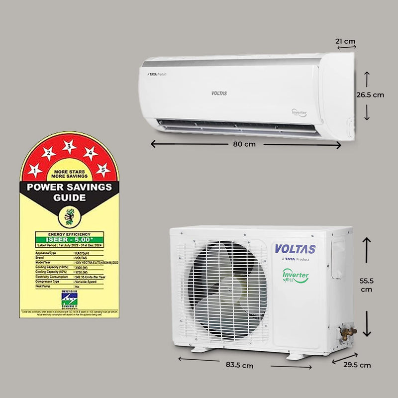 Voltas 1 Ton 5 Star, Inverter Split AC(Copper, 4-in-1 Adjustable Mode, Anti-dust Filter, 2023 Model, 125V Vectra Elite, White)