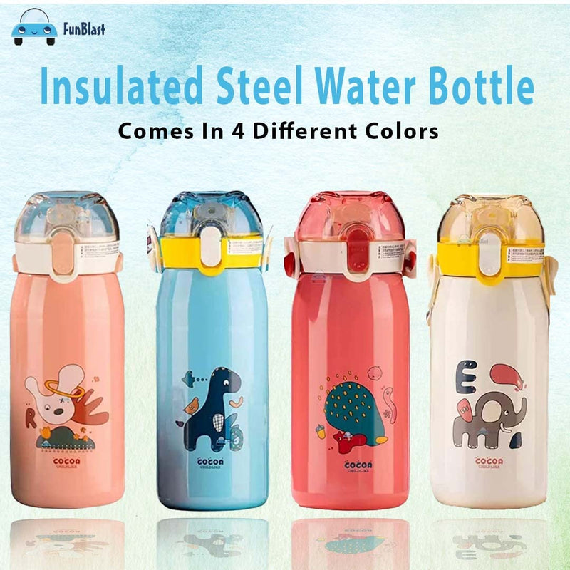 FunBlast Stainless Steel Water Bottle for Kids, Double Walled Vacuum Insulated, Cartoon Design Hot and Cold – Thermos Flask with Straw (530 Ml)