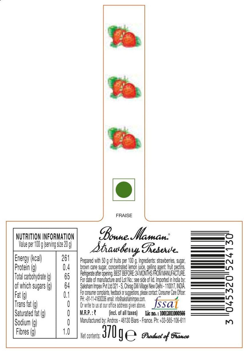 Bonne Maman Strawberry Preserve, Marmalade Fruit Jam, 13 oz ℮ 370 g