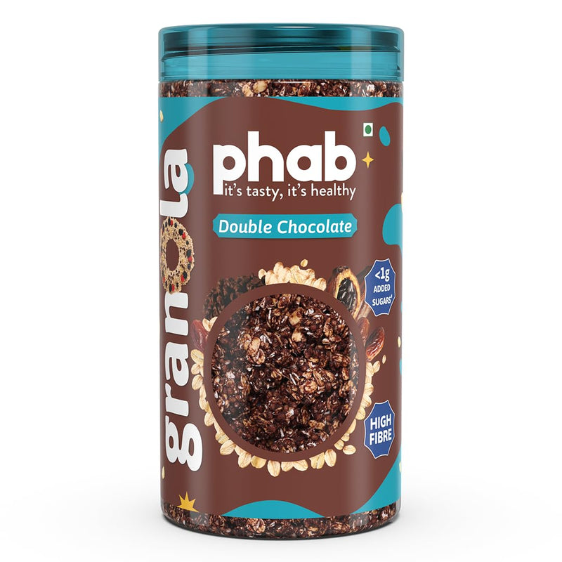 Phab - Crunchy Granola Cereals - Double Chocolate 245g | Breakfast Superfood with High Fiber | 44% Oats | Chocolate Chips, Arabian Dates & Pre-Biotics