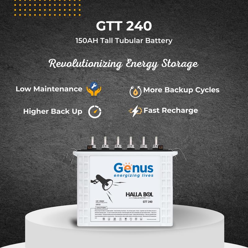 Genus Inverter & Battery Combo (Challenger 1200 Pure Sine Wave 900VA/12V Inverter, Halla BOL GTT240 Tall Tubular 150Ah Inverter Battery) for Home & Office