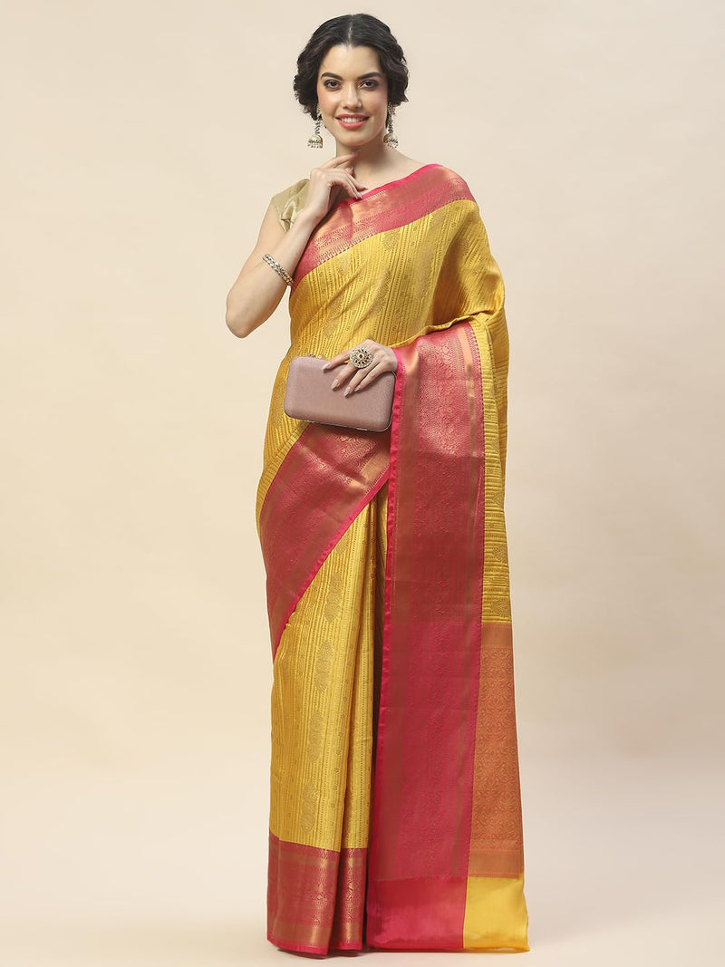 Meena Bazaar Zari Jaal Woven Cotton Saree With Blouse (Mustard)