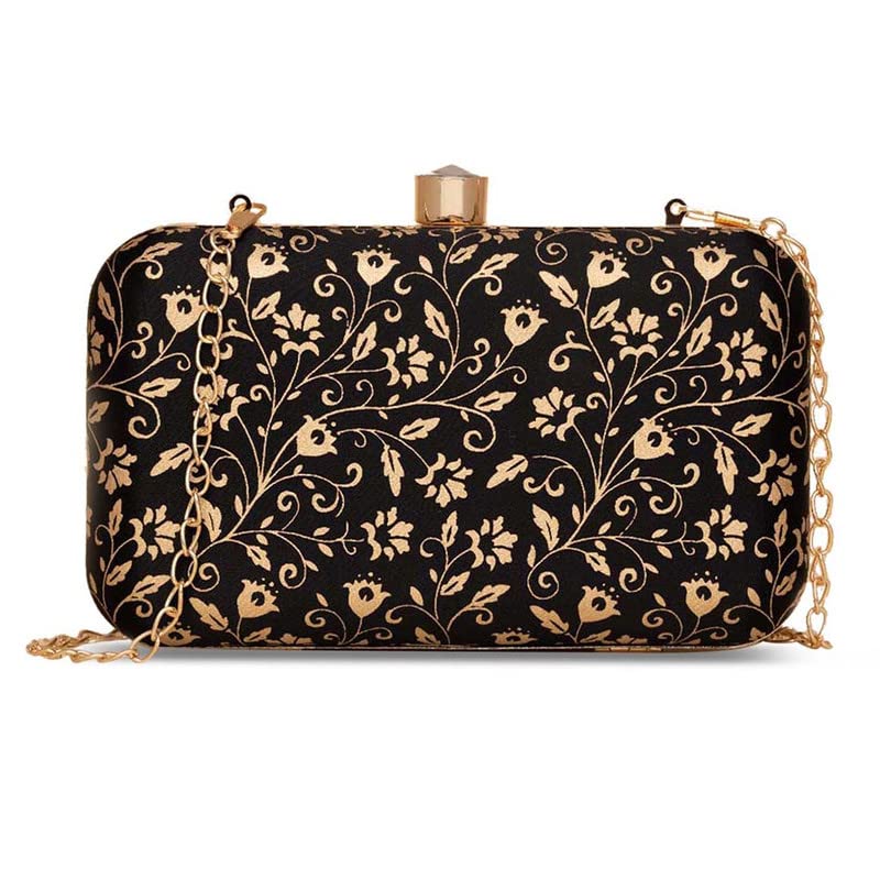 ZOUK Srinagar Garden Floral Printed Women's Mashru silk Black and Golden Clutch