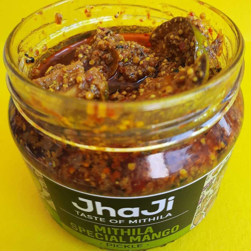 Jhaji Store's Mithila Special Mango Pickle | Bihari Style Aam Ka Achaar | Tangy and Spicy | Masaledaar & Khatta | 1-Inch Mango Pieces | Sun-Dried. No Artificial Preservatives & Colors | Bihari-Style Homemade Pickle, 250g