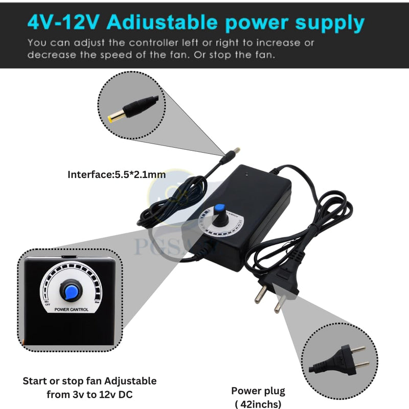 PGSA2Z 12V Blower Fan with Dual Ball Bearings - High Airflow, Variable Speed Controller - 97 x 33 mm - 110V/220V AC Plug - Cooling, and Ventilation Exhaust Projects