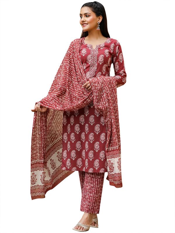 Vaamsi Women's Cotton Blend Paisley Printed Straight Kurta Pant with Dupatta (VKSKD1030_Burgundy_L)