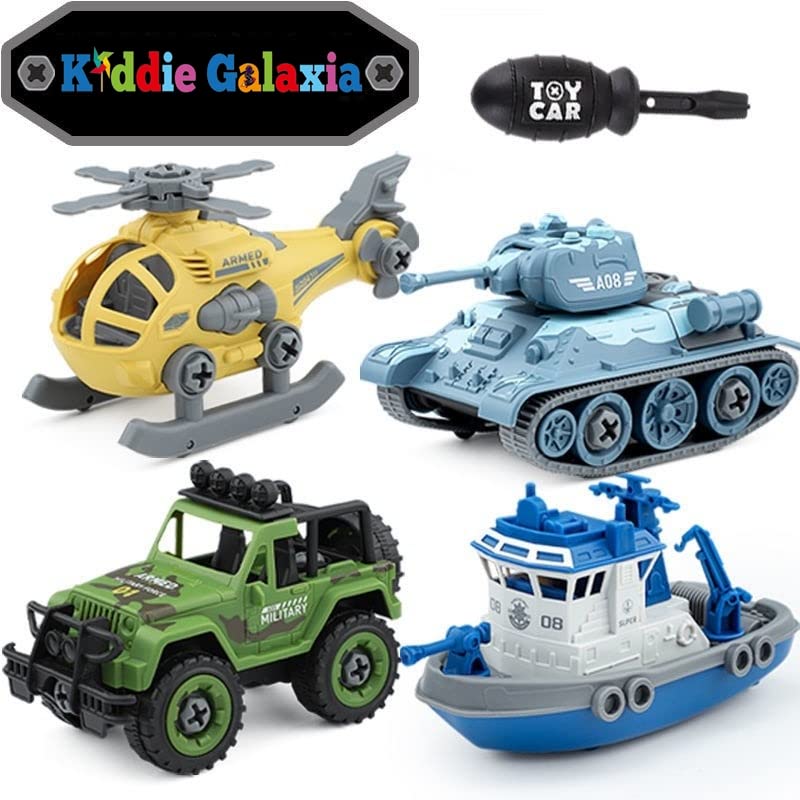 Kiddie Galaxia® Military Army Foldable Vehicles Car Toy 4 Pack with Screwdriver Toy, DIY Kids STEM Toys Including Helicopter,Jeep,Tank and Boat for Toddlers Birthday Gifts for Boys 2 3 4 5 6 Year