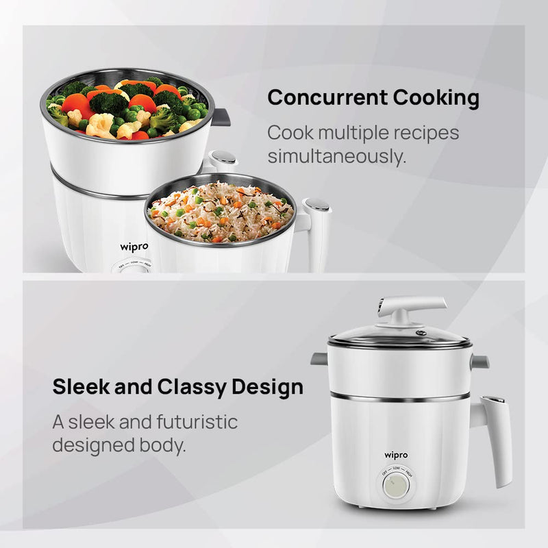 Wipro Vesta 1.2 l Outer Lid Multicooker Kettle | Concurrent Cooking |Cool Touch body | Dual Temperature Control |Triple Protection |SS 304 Rust free (White, 600 Watt, Plastic)