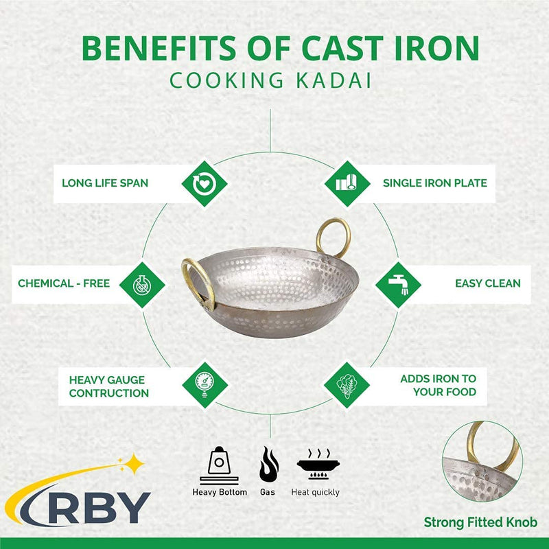 RBY Heavy Base Iron Matthar/Hammered Kadhai | Kadai with Handle for Kitchen | Deep Frying Kadai (5 LTR)