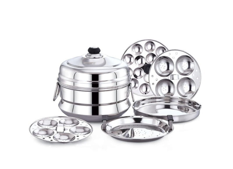 DIAMOND Stainless Steel Multi Steamer Induction Base Idly Pannai with 2 Idli Plates | 1 Mini Idli Plate | 1 Dhokla Plate (9 Idlies)