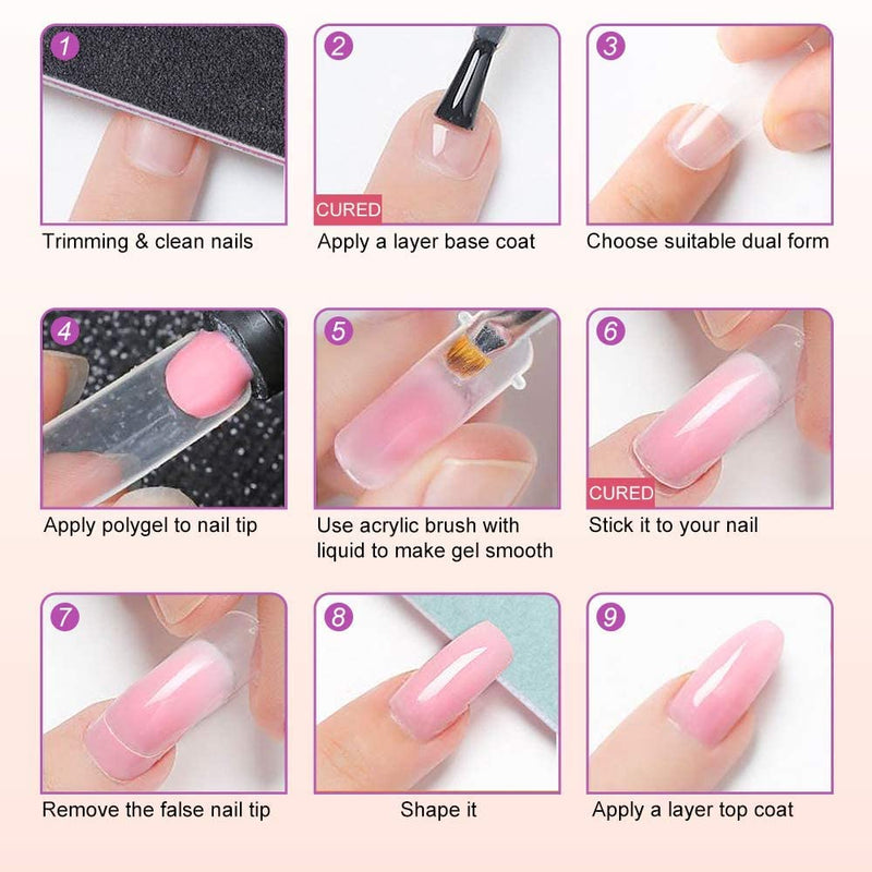 Poly Nail Extension Gel Kit for Builder Gel UV Nail Art Kit Nail Extension Set(1 Polygel Tube, 100 Clear Nails +1Buffer+2 Dual Ended Spatula + Nail Art Brush & Poly Nail Clips + Mini UV Lamp) (PINK)