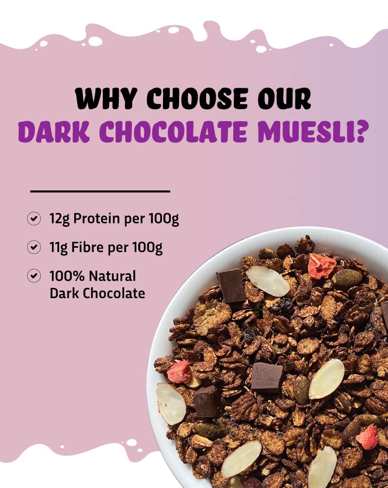 True Elements Dark Chocolate Muesli 1kg | Nuts & Berries Muesli | 13g Clean Protein | 13% Millet | Cereal for Breakfast | Gluten Free Breakfast