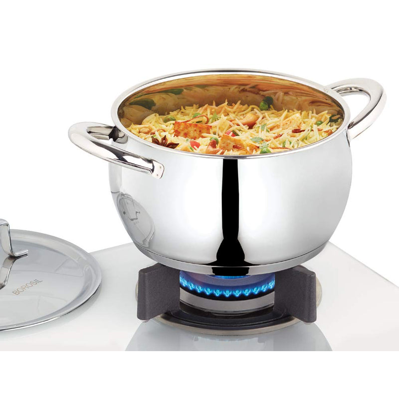 Borosil Stainless Steel Handi Casserole With Lid, Induction friendly, Impact Bonded Tri-ply Bottom, 2.1L