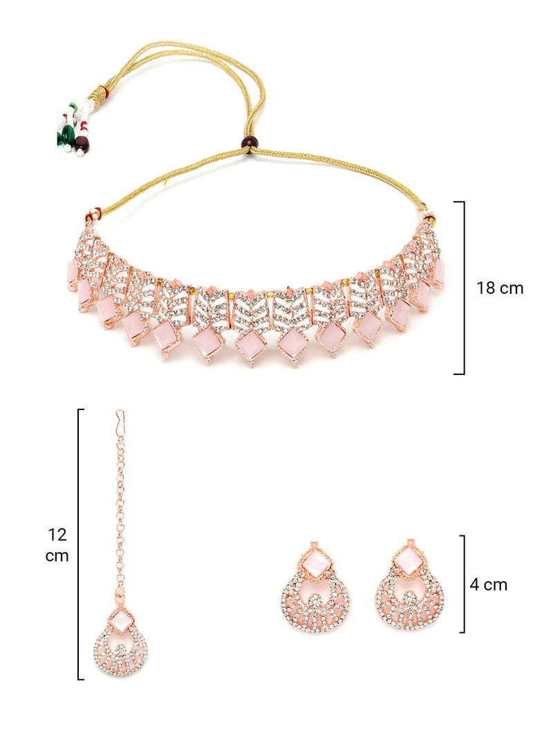 Sukkhi Seaside Rose Gold Plated Pink AD Stones & Beads Choker Necklace Set With Earring And Maangtika | Jewellery Set For Women (NS105560)