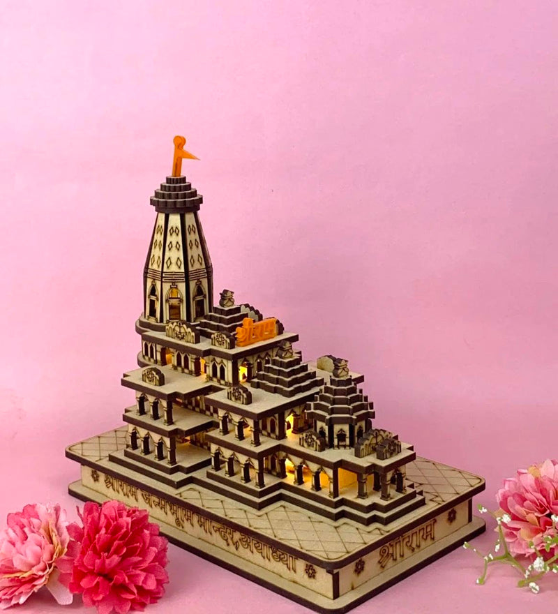 OXMIC Ram Mandir Ayodhya Wooden Temple Model 6 Inches Decorative Statue Ideal for Home Décor and Gifting (with LED)