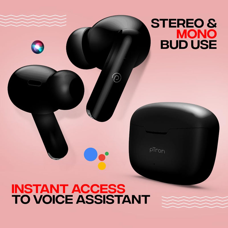 pTron Bassbuds Duo in-Ear Bluetooth 5.1 Wireless Headphones, Stereo Audio, Touch Control TWS Earbuds with HD Mic, Type-C Fast Charging, IPX4 Water Resistant & Voice Assistance