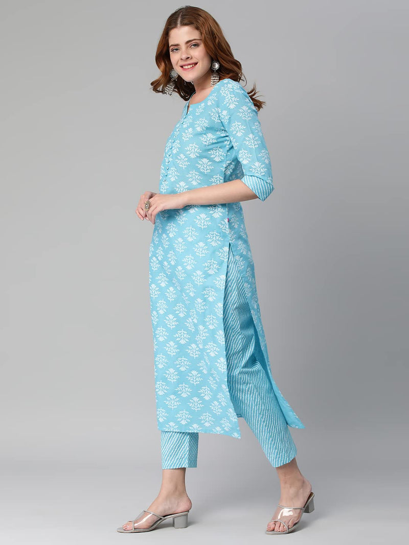ANNI DESIGNER Women's Cotton Blend Printed Straight Kurta with Pant (KIDYA Blue_XL_Blue_X-Large)