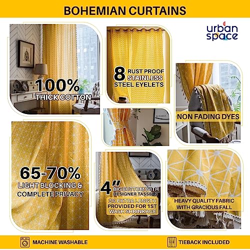 Urban Space 100% Cotton Curtain for Door, Bohemian Curtain 7 feet Long with Tieback, Curtain with Stainless Steel Rings, 1 Piece Curtain(Door - 7ft x 4ft,Yellow Star)