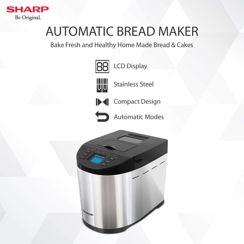 Sharp Table-Top Bread Maker for Home, Kitchen | Fully Automatic Functions | 12 Pre-Programmed Menus Including Gluten-Free | 3 Crust Colours | Fruit & Nut Dispenser | LCD Display | Grey, Black