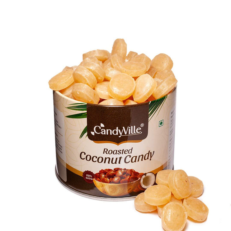 CandyVille Roasted Coconut Candy Tin (340g) | Crunchy Coconut Toffees in Tin | Mildly Roasted with Sugar | No Added Colours or Preservatives | Traditional Indian Sweets