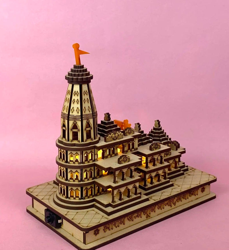 OXMIC Ram Mandir Ayodhya Wooden Temple Model 6 Inches Decorative Statue Ideal for Home Décor and Gifting (with LED)