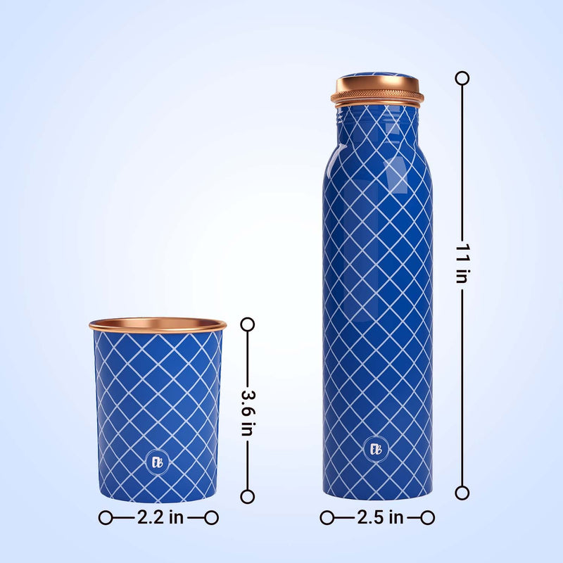 EB-Everything Beautiful Pure Copper Water Bottle 1 Litre with Glass Set made of Tamba in Printed Blue Checkered Standard Design Suitable Birthday Gift for Men & Women by ebstore (1L, 2x 270ml)