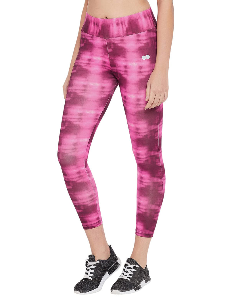 Clovia Women's Slim Fit Polyester Activewear Ankle Length Printed Sports Tights (AB0042P22_Pink_M)