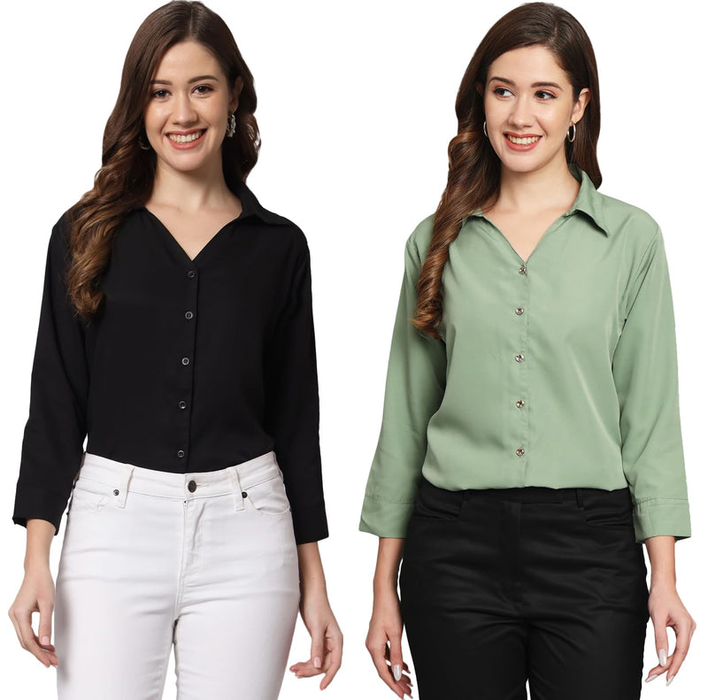 FUNDAY FASHION Women Regular Fit Solid V Collered Casual Shirt (Pack of 2) (Large, Black & Pista Green)