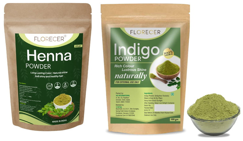 Florecer Indigo Powder Organic For Hair + Florecer Henna Powder For Hair | Mehandi | Henna and Indigo Powder Combo | Hair Colour | Men And Women- Each 100 Grams