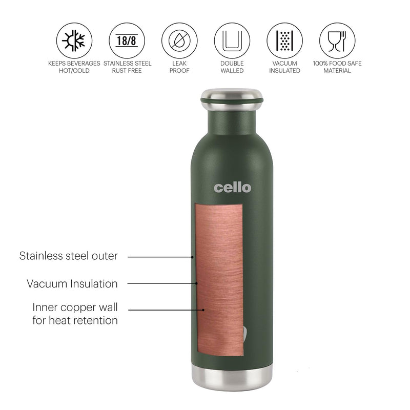 CELLO Duro Tuff Steel Series Mac, Double Walled, Vacusteel Water Flask with Durable DTP Coating, Green, 600 ml