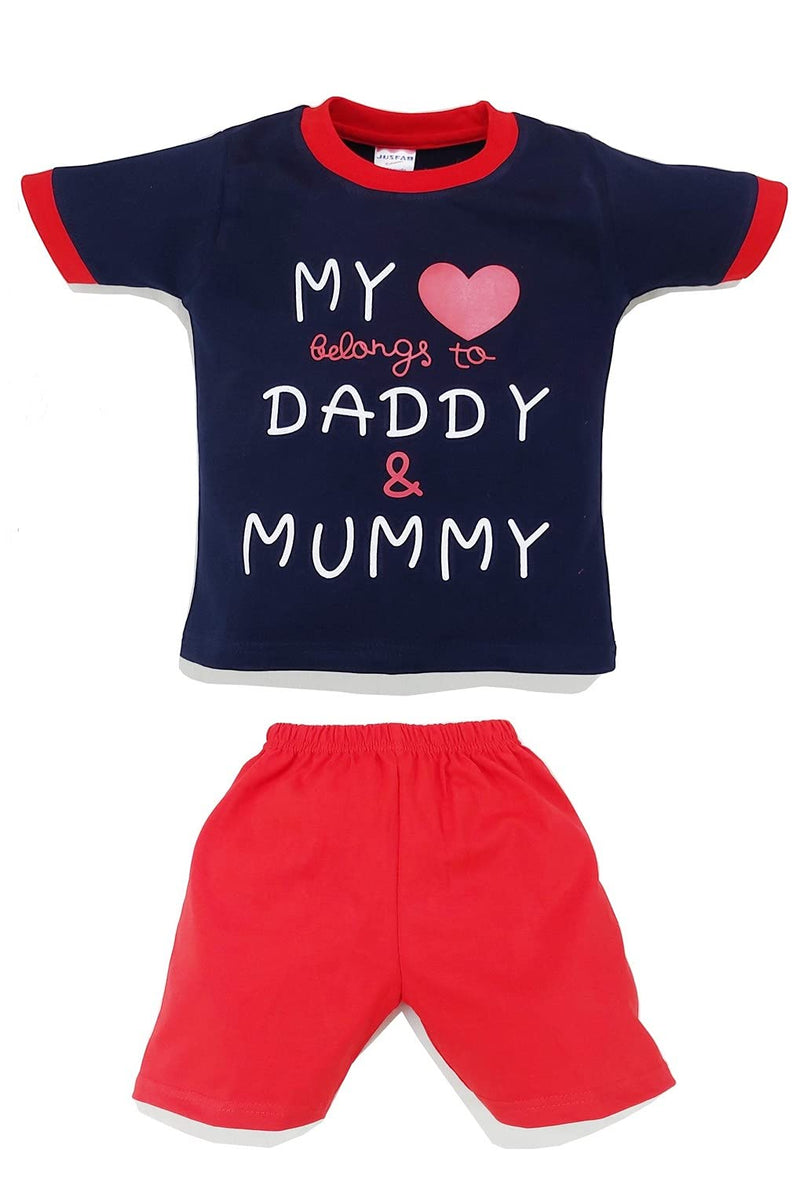 JUSFAB Kidswear Infant wear Baby Boy Girl Clothes T-shirt Pant Set 100% Cotton Blue Tee Red Bottom 18-24 months
