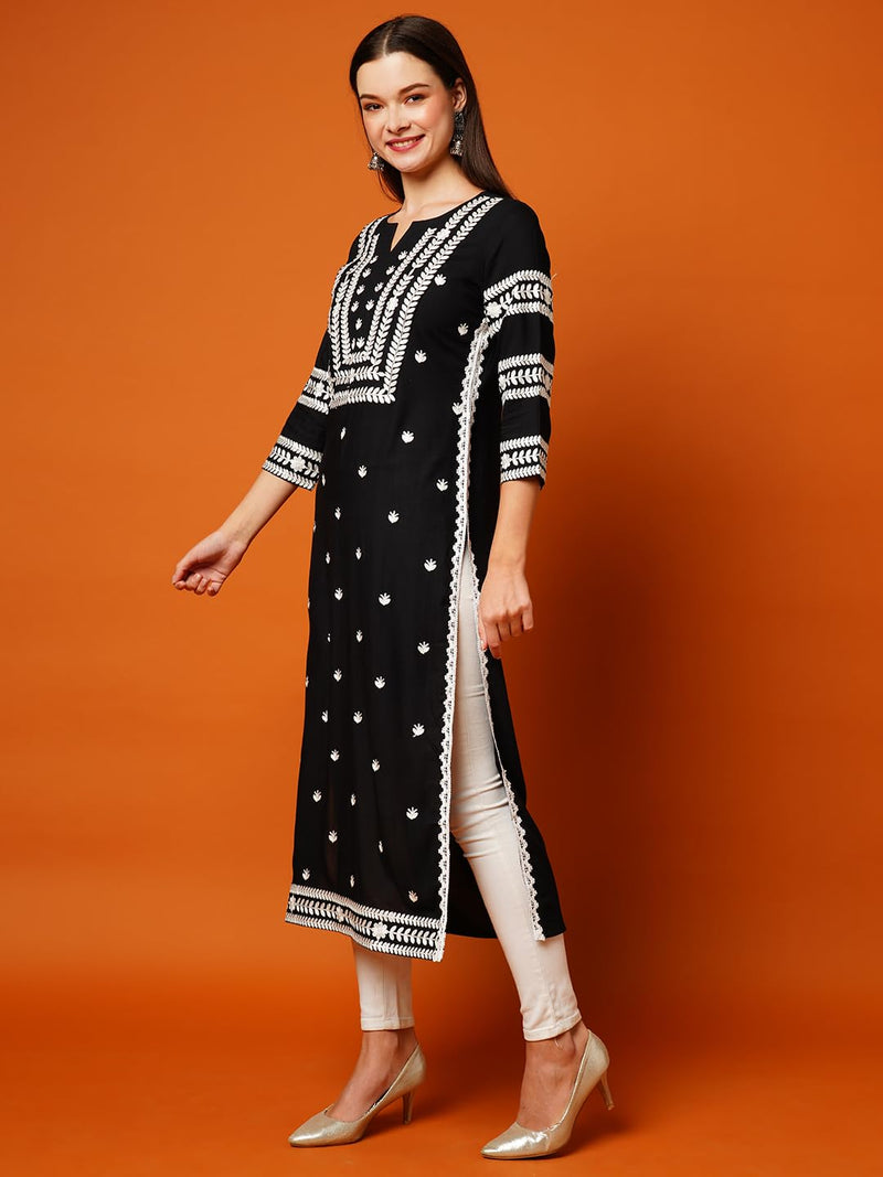ANNI DESIGNER Women's Cotton Blend Straight Chikankari Embroidered Kurta (STHO-Black-GRT_L_Black_Large)