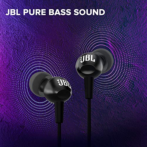 JBL C100SI Wired In Ear Headphones with Mic, JBL Pure Bass Sound, One Button Multi-function Remote, Angled Buds for Comfort fit (Black)