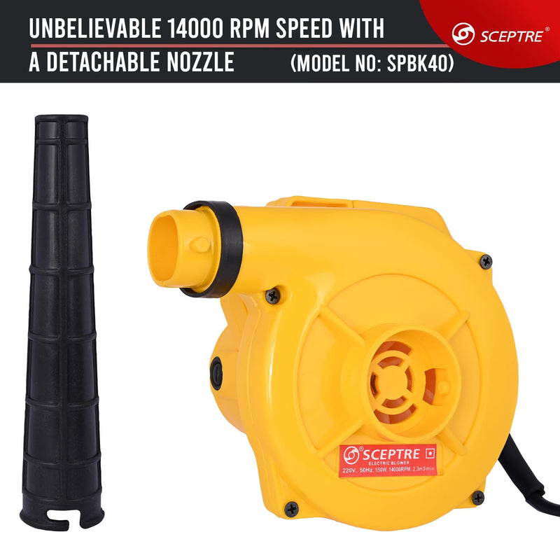 Sceptre SPBK-40 650W Electric Air Blower for Dust Cleaner and Suction 15000 RPM Airfoil Dust Extraction Blower Air Flow 190 km/hr with Unbreakable Body & Glossy Finish (Corded, Yellow)