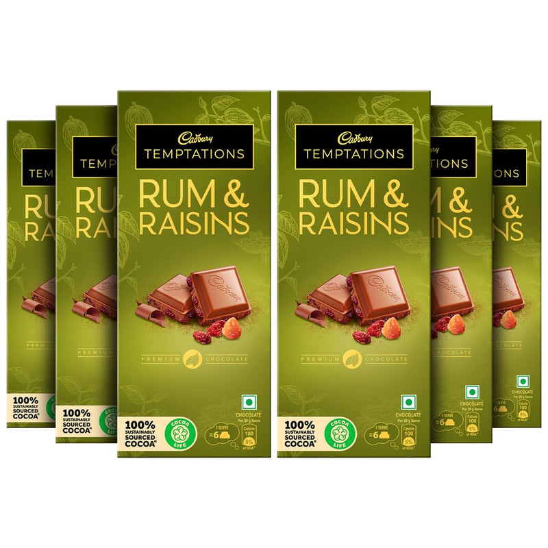 Cadbury Temptations Rum & Raisins Premium Chocolate Bar, 72 g (Pack of 6)