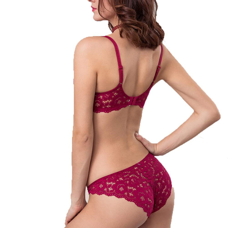 VINHI Women's Lace Push Up Underwired Solid Lingerie Set (32, Maroon)