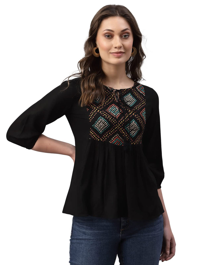 SIRIL Women's Rayon Mill Printed Regular Top(309TK6035-L_Black)