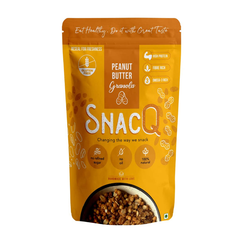 SnacQ Peanut Butter Granola | Delicious High Protein Breakfast Cereal | No Added Sugar, No Oil, No Preservatives | Tasty & Healthy Breakfast Cereal & Snack Gluten Free Peanut Butter Granola | 350 Grams (Pack of 1)