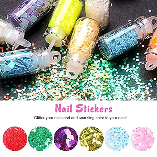 URBANMAC Nail Art Kit - 48 Pcs Glass Bottles Glitter Stones, 100 Nails,10 Nail Tapes, 15 Nail Art brush, 5 Nail Dotting Pen with 2 Glue (Nail Art Kit)