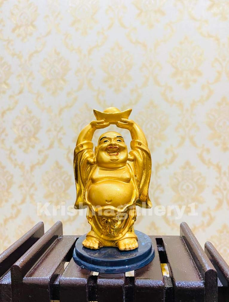 KRISHNAGALLERY1 Polyresin Laughing Buddha Statue, 5 Inch, Gold