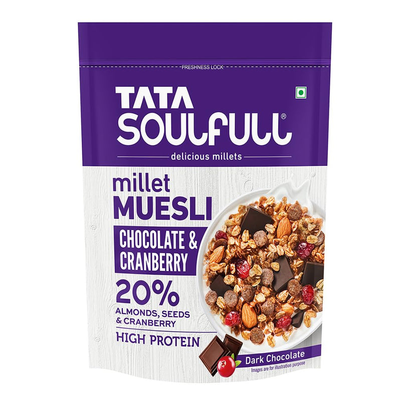 Tata Soulfull Millet Muesli | Chocolate & Cranberry | 20% Almonds, Seeds & Cranberry | Dark Chocolate | High in Protein | 500g