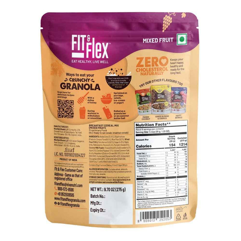 Fit & Flex Baked Granola | Mixed Fruit | Oat Rich Cereal with Real Freeze Dried Fruits | Ready to Eat Healthy Breakfast Food | Cholesterol Free with Immunity Boosters - 275 GM