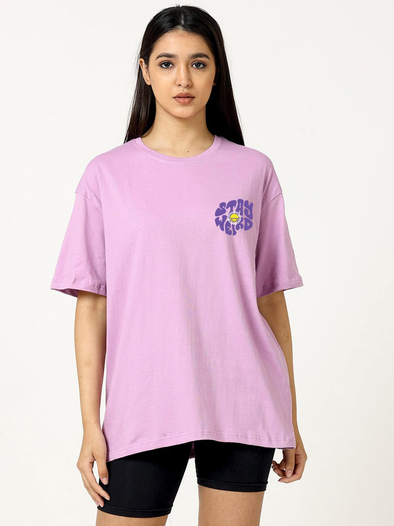 JUNEBERRY® Oversize Loose Baggy Fit Drop Shoulder Cool and Stylish Latest Stay Weird Pocket Print Design Lilac Half Sleeve T-Shirt for Women & Girls