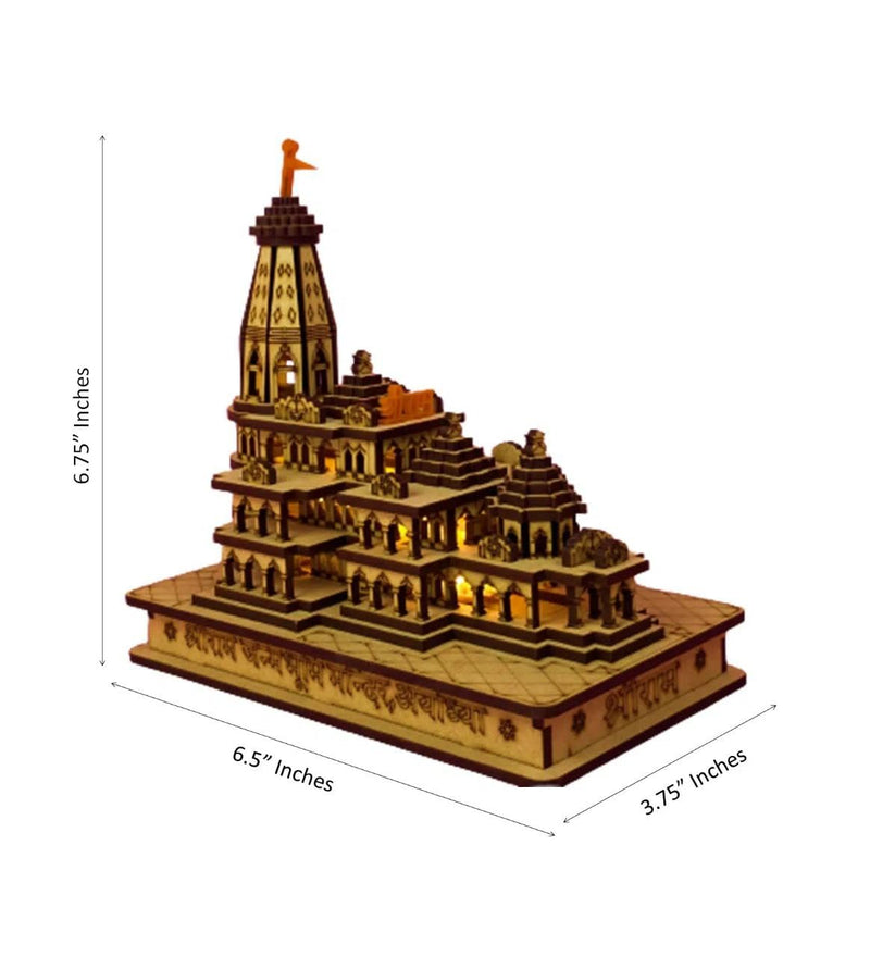 OXMIC Ram Mandir Ayodhya Wooden Temple Model 6 Inches Decorative Statue Ideal for Home Décor and Gifting (with LED)