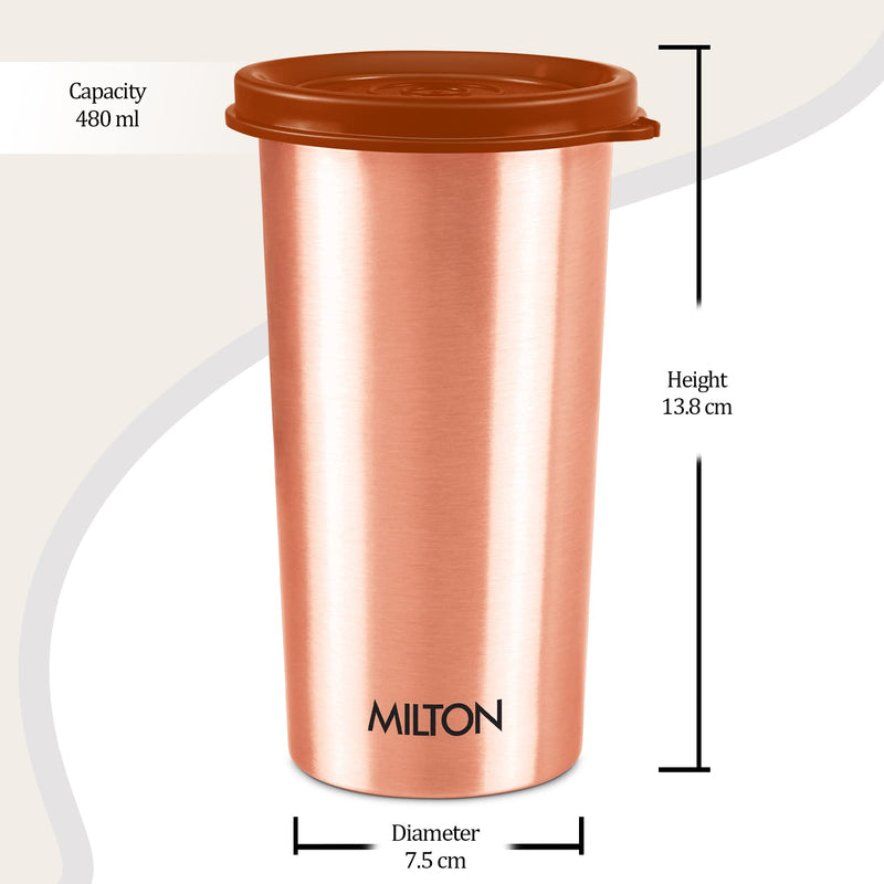 MILTON Copper Drinking Water Tumbler with Lid, 1 Piece, 480 ml, Copper | 100% Leak Proof | Office | Gym | Yoga | Home | Kitchen | Hiking | Treking | Travel Tumbler