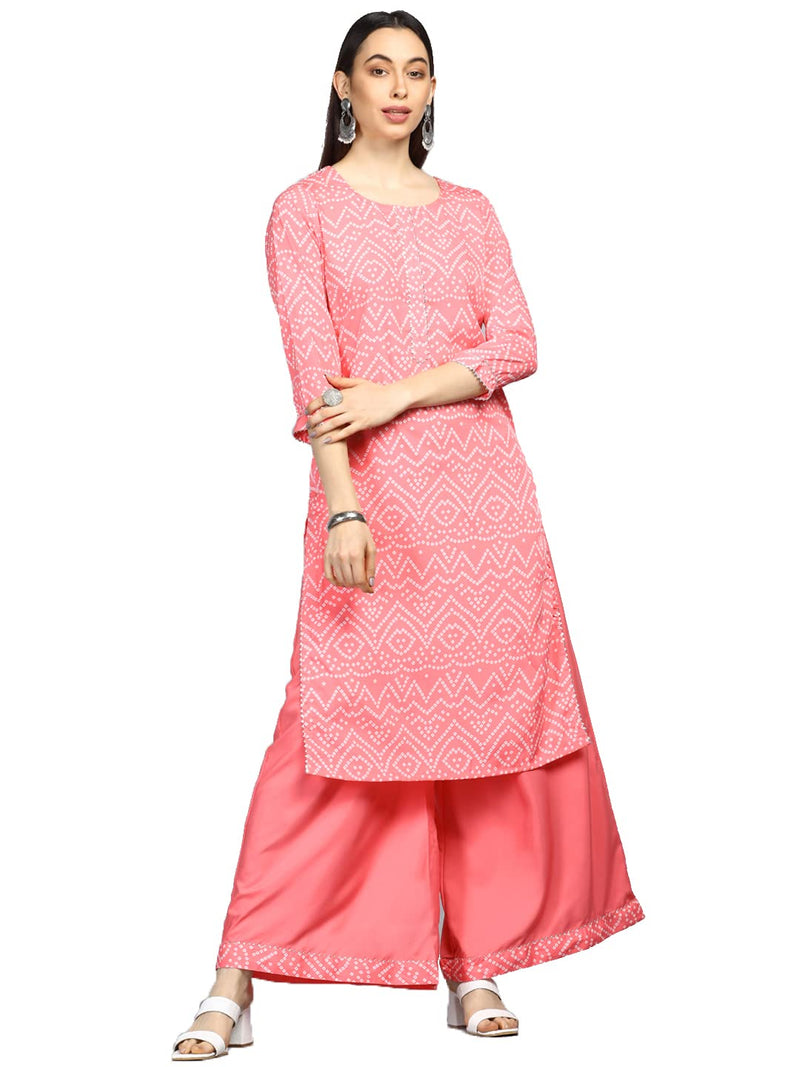 Vaamsi Women's Poly Crepe Bandhani Printed A-line Kurta Palazzo Set (PKSET1004_Pink_XL)