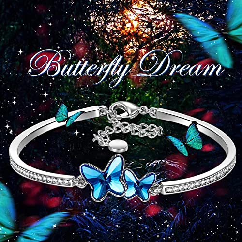 Valentine Gift By Shining Diva Italian Designer Platinum Plated Crystal Butterfly Earrings Chain Pendant Necklace Combo Jewellery Set for Women and Girls (Blue) (14603s)