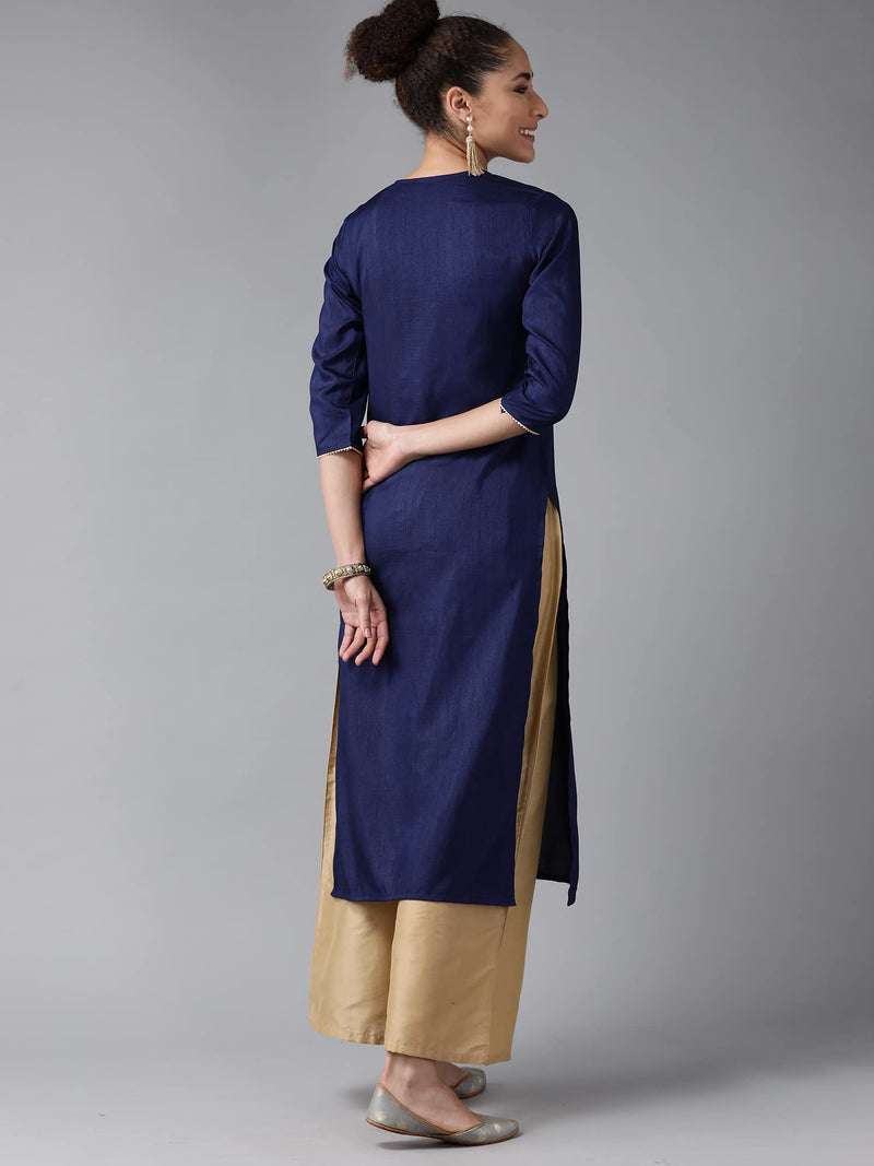 INDO ERA Women's Yoke Design Polyester Calf Length Straight Kurta (KT9NB2753_Navy Blue_Small)